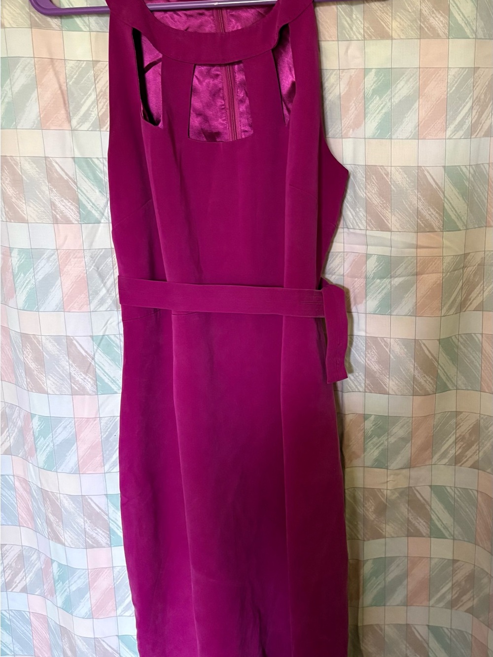 Elie Tahari Magenta/Fuchsia Silk Blend Tab-Neck Cutout Shift Dress Belted Size 1